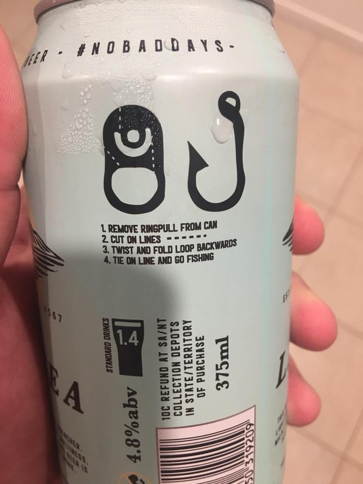 MEER #NOBADDAYS- 4567 1. REMOVE RINGPULL FROM CAN 2. CUT ON LINES 3. TWIST AND FOLD LOOP BACKWARDS 4. TIE ON LINE AND GO FISHING A 4.8% abv STANDARD DRINKS 1.4 10C REFUND AT SA/NT COLLECTION DEPOTS IN STATE/TERRITORY OF PURCHASE 375ml MUTINESS. BEER IS