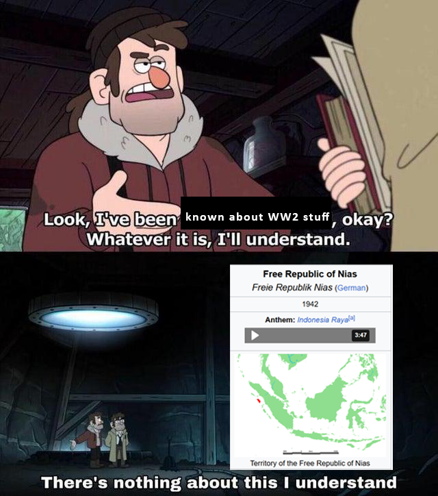 Look, I've been known about WW2 stuff, okay? Whatever it is, I'll understand. Free Republic of Nias Freie Republik Nias (German) 1942 Anthem: Indonesia Rayalal 3:47 Territory of the Free Republic of Nias There's nothing about this I understand