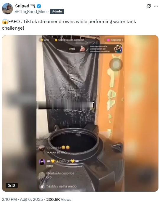 😱FAFO : TikTok streamer drowns while performing water tank challenge! A post reading, "😱FAFO : TikTok streamer drowns while performing water tank challenge!" The post shares a video of a TikToker allegedly dying in a tank of water, but it's a hoax.