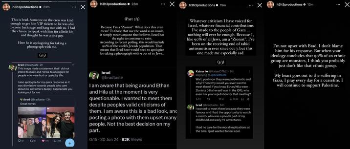 A series of Instagram Story's by Ethan Klein responding to Brad Taste deleting a photo with him. 