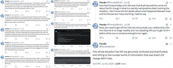 ParukoRefrain talking about Brad Taste's arrest. The tweets detail an incident with Brad.