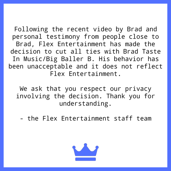 A statement by Flex Entertainment. The statement announces that ties are cut with Brad Taste in Music.