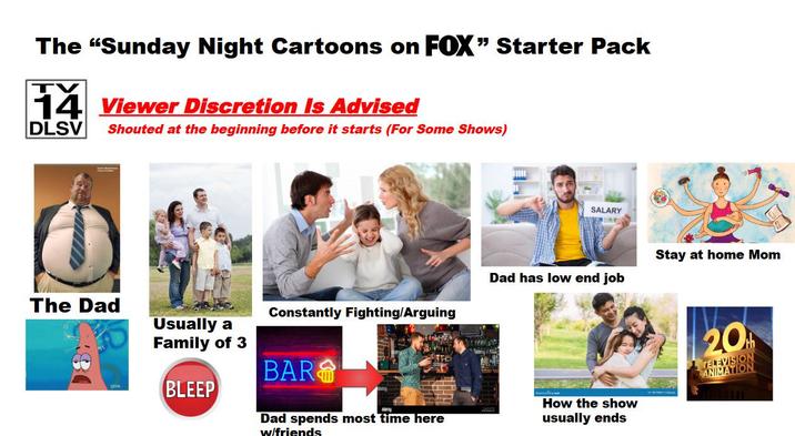 The "Sunday Night Cartoons on FOX" Starter Pack 14 Viewer Discretion Is Advised DLSV Shouted at the beginning before it starts (For Some Shows) SALARY Stay at home Mom Dad has low end job The Dad Usually a Family of 3 BLEEP Constantly Fighting/Arguing BAR Dad spends most time here w/friends How the show usually ends 20 TELEVISION ANIMATION