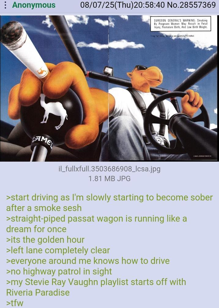 : Anonymous 08/07/25(Thu)20:58:40 No.28557369 GAMEL SURGEON GENERAL'S WARNING: Smoking. By Pregnant Women May Result in Fetal Injury, Premature Birth, And Low Birth Weight. 13 mg "tar", 0.8 mg, nicotine av. per c-------- by FTC method. 1006. REYNOLDS TOBACCO 00 il_fullxfull.3503686908_lcsa.jpg 1.81 MB JPG >start driving as I'm slowly starting to become sober after a smoke sesh >straight-piped passat wagon is running like a dream for once >its the golden hour >left lane completely clear >everyone around me knows how to drive >no highway patrol in sight >my Stevie Ray Vaughn playlist starts off with Riveria Paradise >tfw