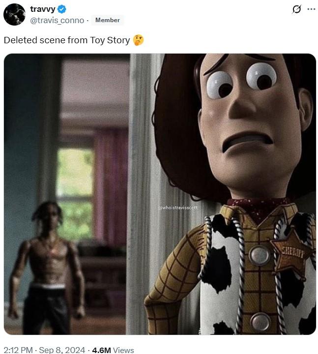 A meme showing Woody hiding from Travis Scott. The meme is captioned, "Deleted scene from Toy Story 🤔."