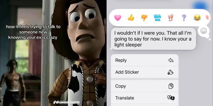 HA HA ? how it feels trying to talk to someone new knowing your ex is crazy I wouldn't if I were you. That all I'm going to say for now. I know your a light sleeper devinliyahban CHERIFF Reply Add Sticker Copy Translate A