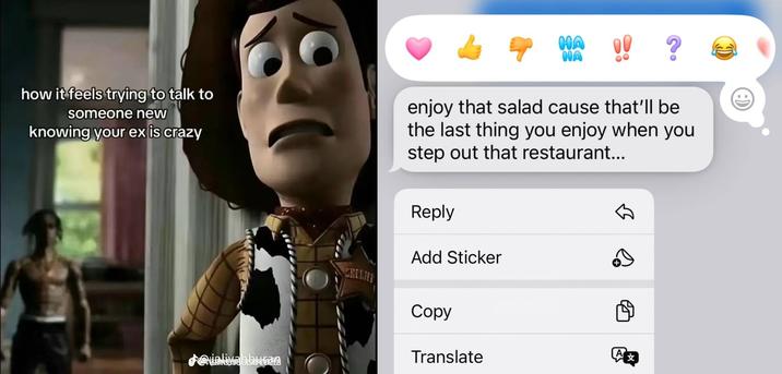 A version of the "crazy ex" Woody Travis Scott meme on TikTok. The meme was posted by @tasteofhvney.