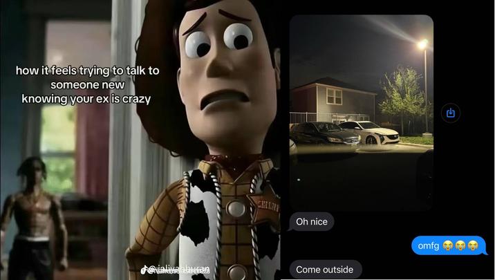 A version of the "crazy ex" Woody Travis Scott meme on TikTok. The meme was posted by @catrose553.