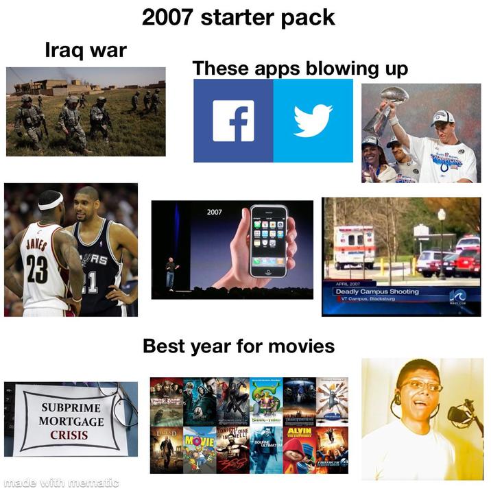 Iraq war JAKES 23 RS SUBPRIME MORTGAGE CRISIS made with mematic 2007 starter pack These apps blowing up f 2007 Best year for movies LEGEND SHRCK-THIRD MOVIE TONIDINE INHELL BOUMATUM TRANSFORMERS ALVIN THE CHIPHUNKS SPION HAMPIONS APRIL 2007 Deadly Campus Shooting VT Campus, Blacksburg P WAVY.COM FRITOSTIC
