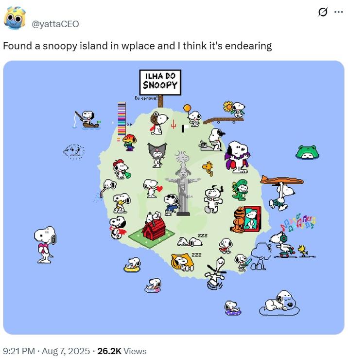 A tweet reading, "Found a snoopy island in wplace and I think it's endearing." The screenshot is of Wplace's Snoopy Island.