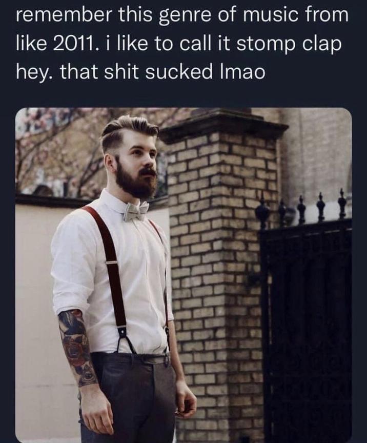 The original "tweet":https://knowyourmeme.com/memes/sites/twitter-x naming the Stomp Clap Hey Music genre, which is used to describe American indie folk rock characterized by wholesome subject matter and the onomatopoeia of stomping, clapping and chanting, "Hey!" It was popular among "Millennials":https://knowyourmeme.com/memes/cultures/millennials in the early 2010s.