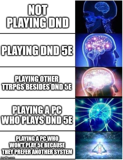NOT PLAYING DND PLAYING DND SE PLAYING OTHER TTRPGS BESIDES DND 5E PLAYING A PC WHO PLAYS DND 5E PLAYING A PC WHO WON'T PLAY 5E BECAUSE THEY PREFER ANOTHER SYSTEM imgflip.com