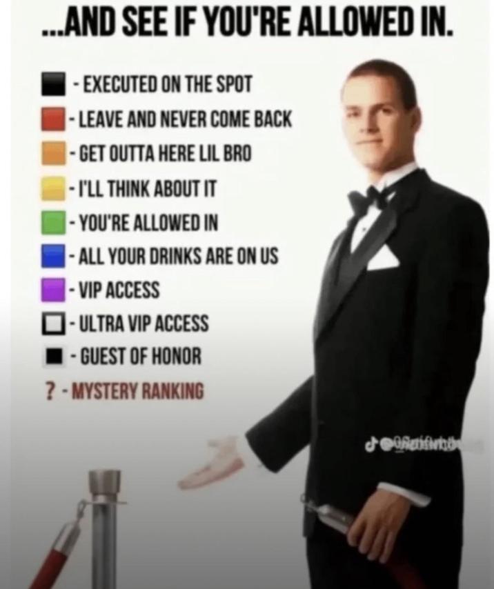 ...AND SEE IF YOU'RE ALLOWED IN. - EXECUTED ON THE SPOT -LEAVE AND NEVER COME BACK - GET OUTTA HERE LIL BRO -I'LL THINK ABOUT IT -YOU'RE ALLOWED IN -ALL YOUR DRINKS ARE ON US -VIP ACCESS -ULTRA VIP ACCESS - GUEST OF HONOR ? - MYSTERY RANKING Jif
