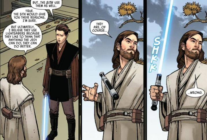 BUT...THE SITH USE THEM AS WELL. TRUE. THE SITH WOULD GIVE YOU THEIR REASONS, I'M SURE. BUT ULTIMATELY, I BELIEVE THEY USE LIGHTSABERS BECAUSE THEY LIKE TO THINK THAT ANYTHING THE JEDI CAN DO, THEY CAN DO BETTER. " THEY ARE, OF COURSE... SHKK ...WRONG.