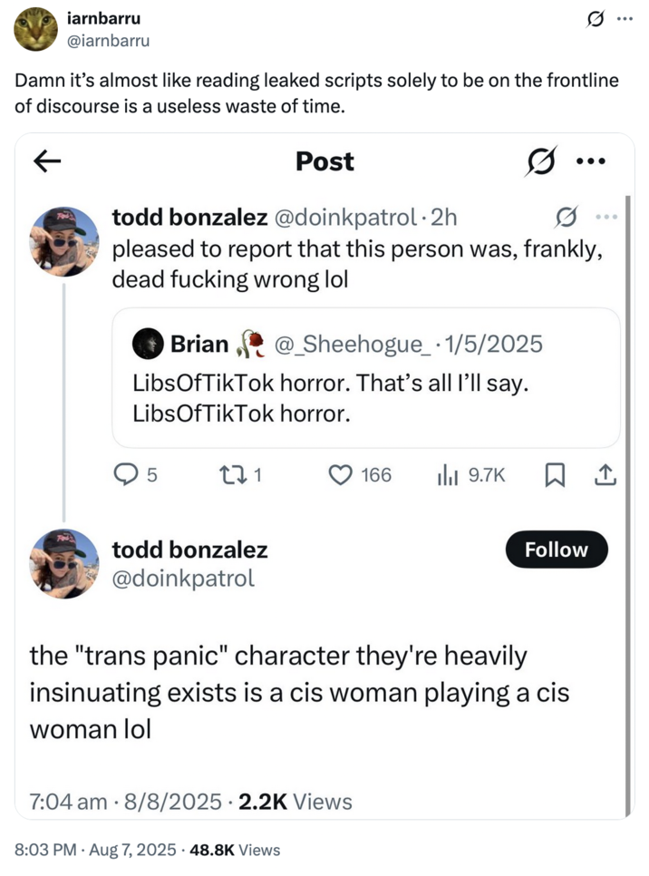 X user @iarnbarru tweeted a screenshot describing _Weapons_ as "LibsofTikTok horror," and another Twitter user disagreeing with that characterization of the film.