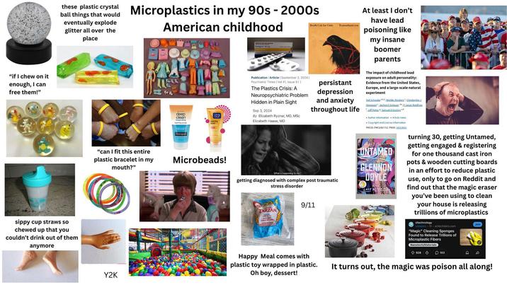 "if I chew on it enough, I can free them!" these plastic crystal ball things that would Microplastics in my 90s - 2000s eventually explode glitter all over the place pollu American childhood PAL deep clean invigorating foaming scrub Neutrogen Cleag moming burst "can I fit this entire plastic bracelet in my mouth?" Microbeads! Lexapro 10 mg Publication Article | September 3, 2024 | Psychiatric Times | Vol 41, Issue 911 The Plastics Crisis: A Neuropsychiatric Problem Hidden in Plain Sight Sep 3, 2024 By Elizabeth Ryznar, MD, MSc Elizabeth Haase, MD What is happening to me? Death Cab for Cutie Transatlanticism persistant depression and anxiety throughout life getting diagnosed with complex post traumatic stress disorder 9/11 MD-UP TOW TA TARZAN At least I don't have lead poisoning like my insane boomer parents The impact of childhood lead exposure on adult personality: Evidence from the United States, Europe, and a large-scale natural experiment Ted Schwaba.b.1, Wiebke Bleidorn, Christopher J Hopwood, Jochen E Gebauer de, P.Jason Rentfrow Jeff Potter, Samuel D Gosling hi Author information Article notes Copyright and License information PMCID: PMC8307752 PMID: 34253605 UNTAMED GLENNON DOYLE LOVE WARRIOR turning 30, getting Untamed, getting engaged & registering for one thousand cast iron pots & wooden cutting boards in an effort to reduce plastic use, only to go on Reddit and find out that the magic eraser you've been using to clean your house is releasing trillions of microplastics r/technology u/esporx 1h scitechdaily.com "Magic" Cleaning Sponges Found to Release Trillions of Microplastic Fibers Nanotech/Materials Join sippy cup straws so chewed up that you couldn't drink out of them anymore Y2K Happy Meal comes with plastic toy wrapped in plastic. Oh boy, dessert! 928 103 It turns out, the magic was poison all along!