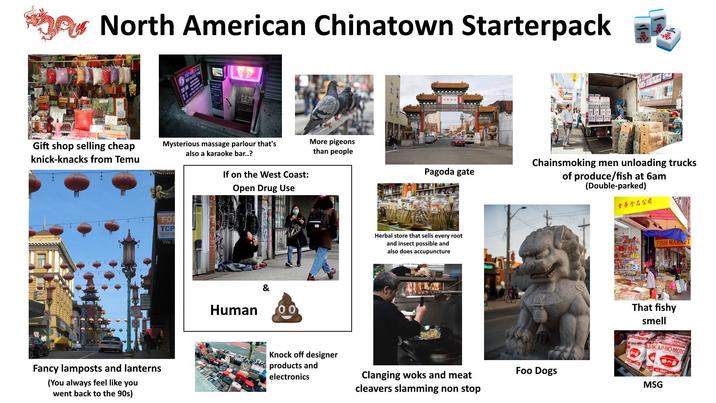 North American Chinatown Starterpack Gift shop selling cheap knick-knacks from Temu Mysterious massage parlour that's also a karaoke bar..? If on the West Coast: Open Drug Use ANT PLAZA FO TCP TOUCHSTON We S Fancy lamposts and lanterns (You always feel like you went back to the 90s) Human & More pigeons than people Pagoda gate Knock off designer products and electronics Herbal store that sells every root and insect possible and also does accupuncture Clanging woks and meat cleavers slamming non stop Chainsmoking men unloading trucks of produce/fish at 6am (Double-parked) 金華食品公司 FISH MARKET That fishy smell ANCAJNO-MOTO Foo Dogs MSG
