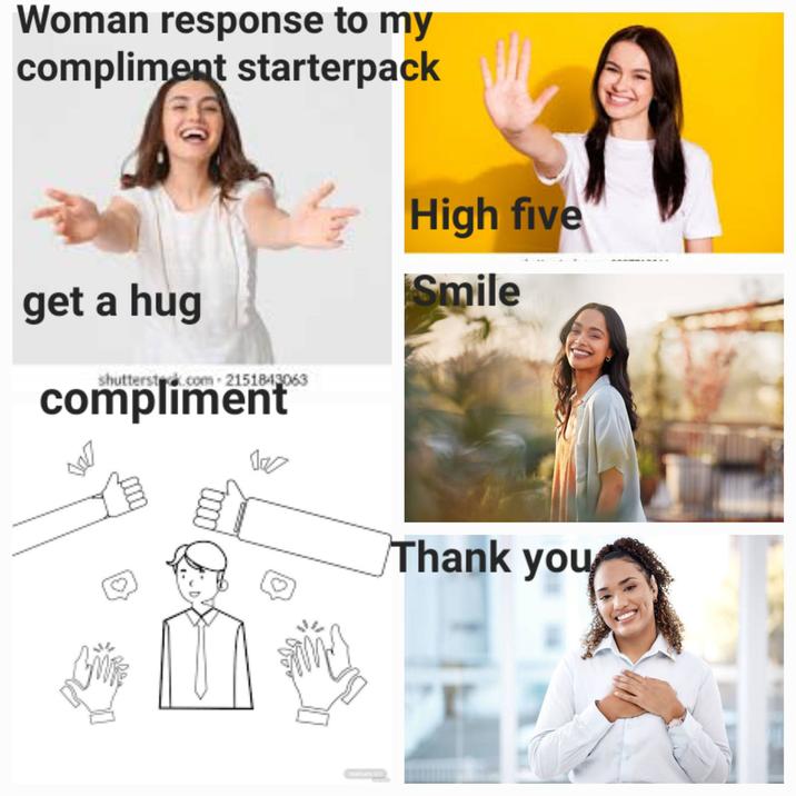 Woman response to my compliment starterpack get a hug shutterste.com-2151843063 compliment High five Smile Thank you