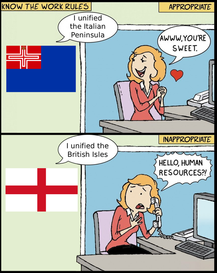 KNOW THE WORK RULES APPROPRIATE I unified the Italian Peninsula AWWW.YOU'RE SWEET. INAPPROPRIATE + I unified the British Isles HELLO, HUMAN RESOURCES?!