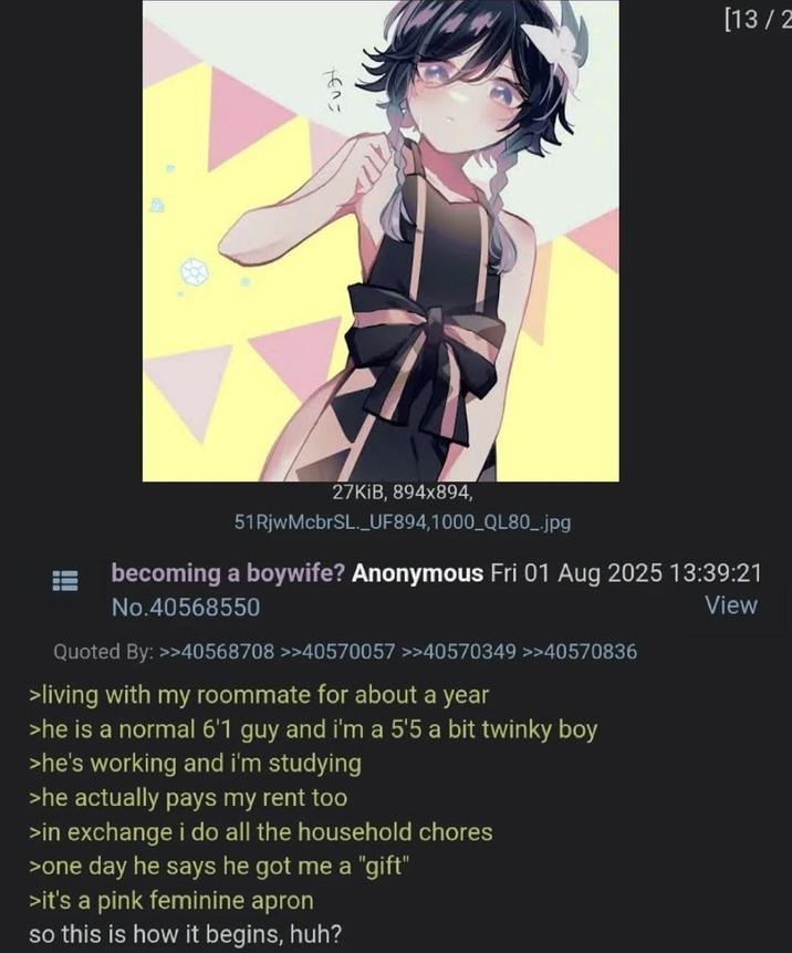 +603 [13/2 27KiB, 894x894, 51RjwMcbrSL._UF894,1000_QL80_.jpg becoming a boywife? Anonymous Fri 01 Aug 2025 13:39:21 No.40568550 Quoted By: >>40568708 >>40570057 >>40570349 >>40570836 >living with my roommate for about a year >he is a normal 6'1 guy and i'm a 5'5 a bit twinky boy >he's working and i'm studying >he actually pays my rent too >in exchange i do all the household chores >one day he says he got me a "gift" >it's a pink feminine apron so this is how it begins, huh? View