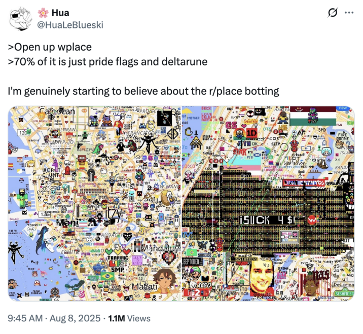 August 8th, 2025 tweet by @HuaLeBlueski X user @HuaLeBlueski posted a screenshot of a Wplace map alongside a caption that read, ">Open up wplace
>70% of it is just pride flags and deltarune I'm genuinely starting to believe about the r/place botting." The post gathered over 20,000 likes in two days.