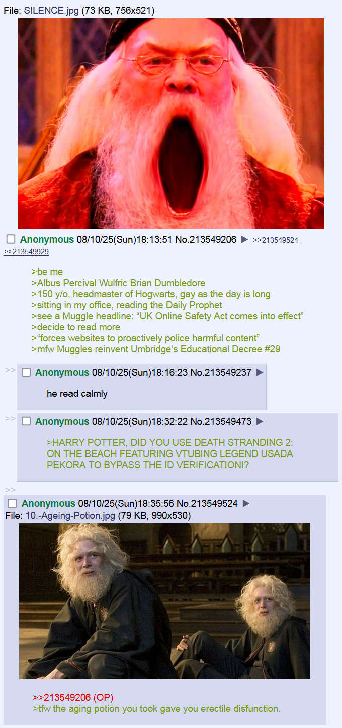 File: SILENCE.jpg (73 KB, 756x521) Anonymous 08/10/25(Sun)18:13:51 No.213549206 213549524 >>213549929 >be me >Albus Percival Wulfric Brian Dumbledore >150 y/o, headmaster of Hogwarts, gay as the day is long >sitting in my office, reading the Daily Prophet >see a Muggle headline: "UK Online Safety Act comes into effect" >decide to read more >>"forces websites to proactively police harmful content" >mfw Muggles reinvent Umbridge's Educational Decree #29 Anonymous 08/10/25(Sun)18:16:23 No.213549237 he read calmly Anonymous 08/10/25(Sun)18:32:22 No.213549473 ► >HARRY POTTER, DID YOU USE DEATH STRANDING 2: ON THE BEACH FEATURING VTUBING LEGEND USADA PEKORA TO BYPASS THE ID VERIFICATION!? Anonymous 08/10/25(Sun)18:35:56 No.213549524 File: 10.-Ageing-Potion.jpg (79 KB, 990x530) >>213549206 (OP) >tfw the aging potion you took gave you erectile disfunction.