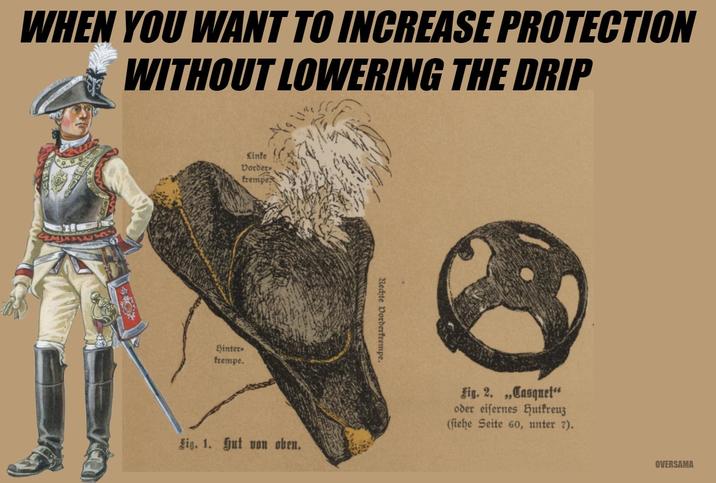 WHEN YOU WANT TO INCREASE PROTECTION WITHOUT LOWERING THE DRIP Linke Dorders frempe Hinter frempe. Rechte Vorderkrempe. Fig. 1. Gut von oben. Fig. 2.,,Casquet" oder eisernes Hutkreuz (siehe Seite 60, unter 2). OVERSAMA
