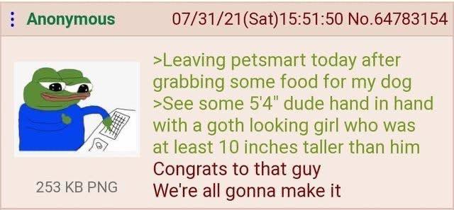 Anonymous 253 KB PNG 07/31/21(Sat) 15:51:50 No.64783154 >Leaving petsmart today after grabbing some food for my dog >See some 5'4" dude hand in hand with a goth looking girl who was at least 10 inches taller than him Congrats to that guy We're all gonna make it