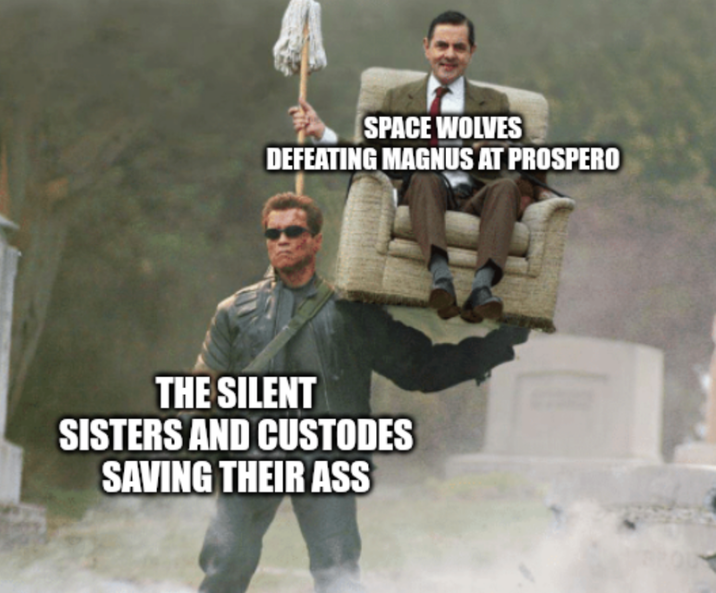 SPACE WOLVES DEFEATING MAGNUS AT PROSPERO THE SILENT SISTERS AND CUSTODES SAVING THEIR ASS