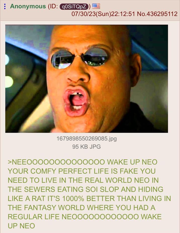 Anonymous (ID: q0SiTQpZ) 07/30/23(Sun)22:12:51 No.436295112 1679898550269085.jpg 95 KB JPG >NEEOOOOOOOOOOOOOO WAKE UP NEO YOUR COMFY PERFECT LIFE IS FAKE YOU NEED TO LIVE IN THE REAL WORLD NEO IN THE SEWERS EATING SOI SLOP AND HIDING LIKE A RAT IT'S 1000% BETTER THAN LIVING IN THE FANTASY WORLD WHERE YOU HAD A REGULAR LIFE NEOOOOOOOOOOOO WAKE UP NEO