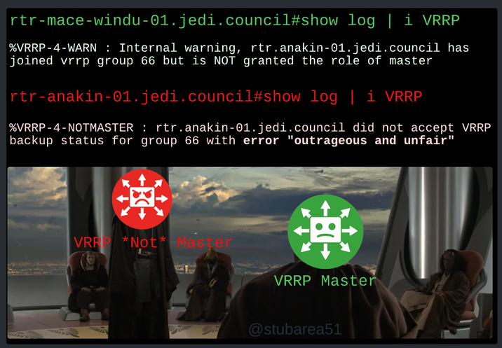 rtr-mace-windu-01.jedi.council#show log | i VRRP %VRRP-4-WARN : Internal warning, rtr.anakin-01.jedi.council has joined vrrp group 66 but is NOT granted the role of master rtr-anakin-01.jedi.council #show log | i VRRP %VRRP -4-NOTMASTER : rtr.anakin-01.jedi.council did not accept VRRP backup status for group 66 with error "outrageous and unfair" 漸 漸 R VRRP *Not* Master VRRP Master @stubarea51