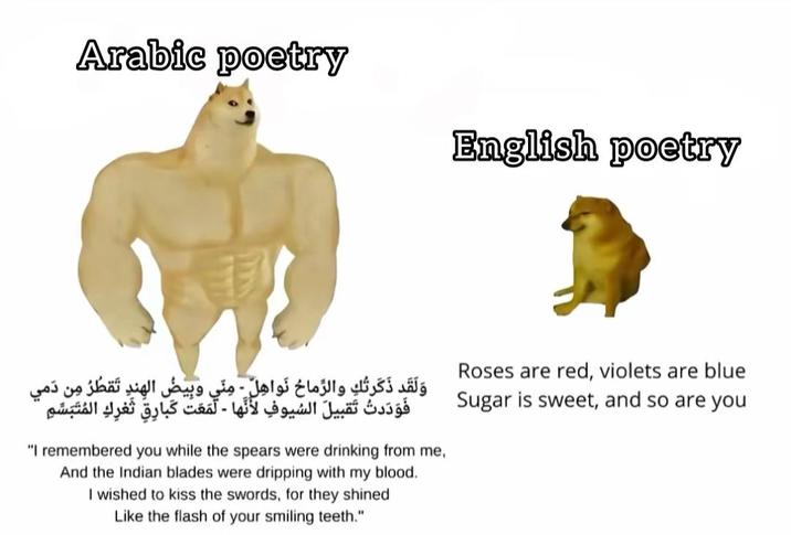 Arabic poetry English poetry وَلَقَد ذَكَرتُكِ والرّماحُ نَواهِل - مِنّي وبِيضُ الهِنْدِ تَقطُرُ مِن دَمي فَوَدَدتُ تَقبيل السيوف لأنَّها - لَمَعَت كَبارِقِ تَعْرِكِ المُتَبَسّمِ "I remembered you while the spears were drinking from me, And the Indian blades were dripping with my blood. I wished to kiss the swords, for they shined Like the flash of your smiling teeth." Roses are red, violets are blue Sugar is sweet, and so are you