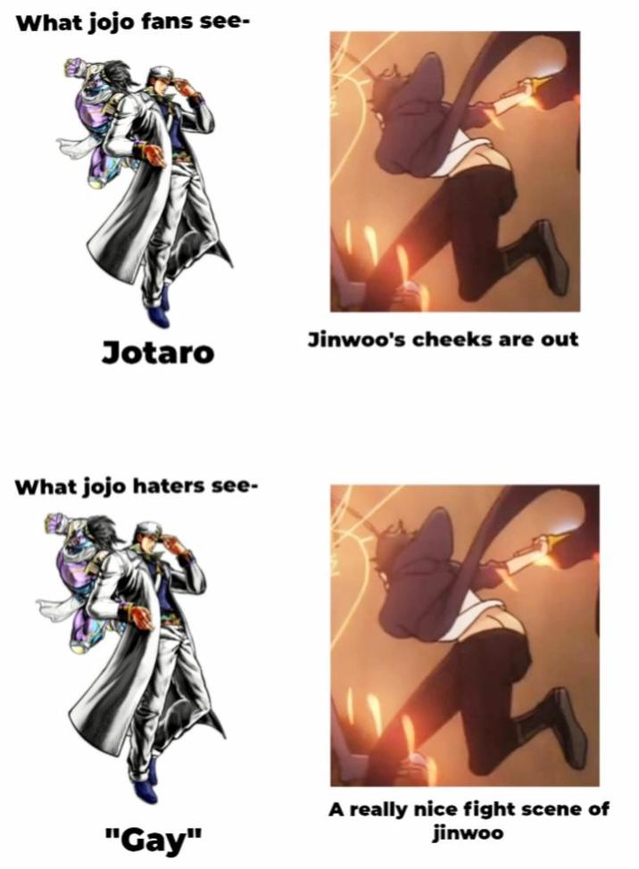What jojo fans see- Jinwoo's cheeks are out Jotaro What jojo haters see- "Gay" A really nice fight scene of jinwoo