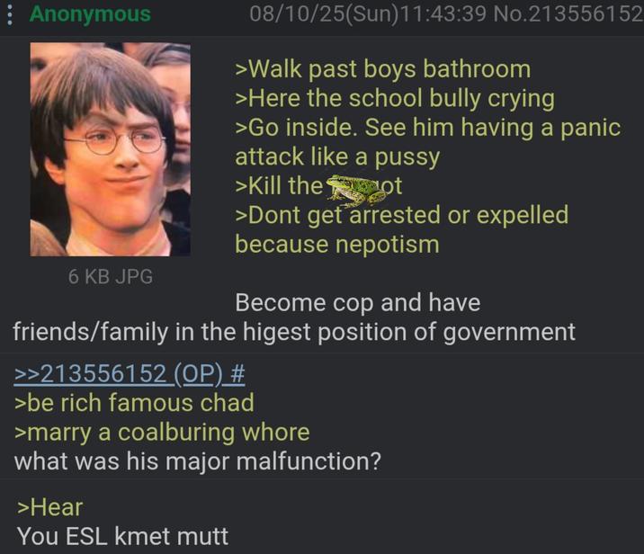 Anonymous 6 KB JPG 08/10/25(Sun)11:43:39 No.213556152 >Walk past boys bathroom >Here the school bully crying >Go inside. See him having a panic attack like a p---- >Kill the origips ot >Dont get arrested or expelled because nepotism Become cop and have friends/family in the higest position of government >>213556152 (OP) # >be rich famous chad >marry a coalburing w---- what was his major malfunction? >Hear You ESL kmet mutt