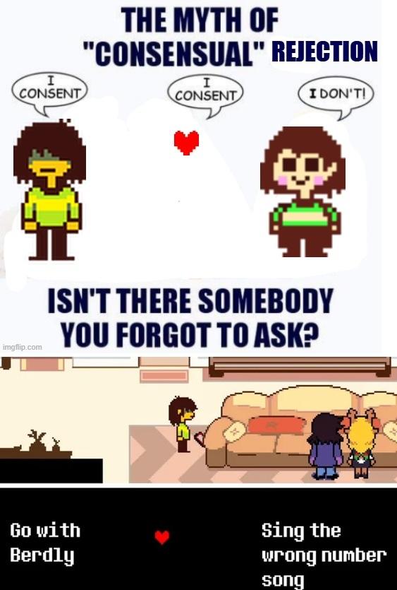 I CONSENT imgflip.com THE MYTH OF "CONSENSUAL" REJECTION I CONSENT I DON'T! ISN'T THERE SOMEBODY YOU FORGOT TO ASK? Go with Berdly Sing the wrong number song