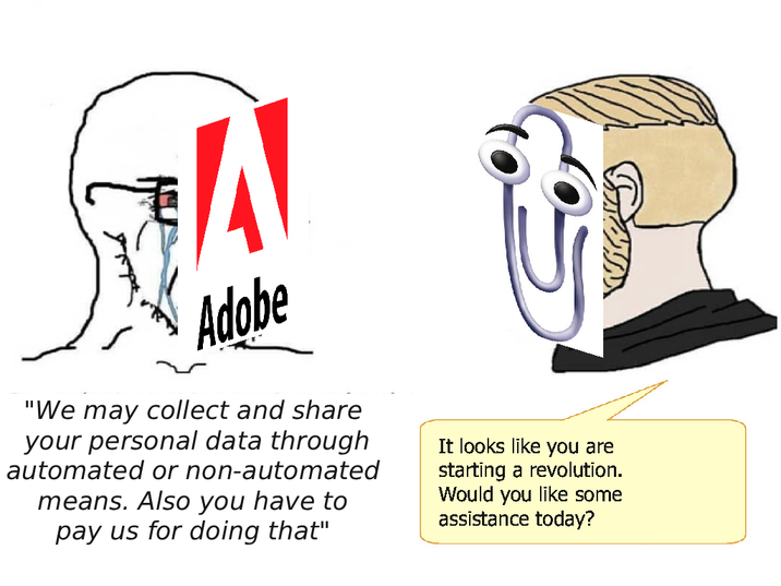 Join the movement. Become a clippy today. A meme about Adobe talking to Clippy. The post is titled, "Join the movement. Become a clippy today."