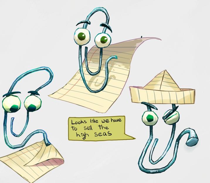 Clippy in a pirate hat Fan art of Clippy by Capital_katt. The art shows Clippy in a paper pirate hat.