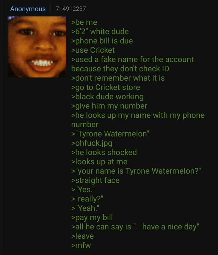 Anonymous 714912237 >be me >6'2" white dude >phone bill is due >use Cricket >used a fake name for the account because they don't check ID >don't remember what it is >go to Cricket store >black dude working >give him my number >he looks up my name with my phone number >"Tyrone Watermelon" >ohfuck.jpg >he looks shocked >looks up at me >"your name is Tyrone Watermelon?" >straight face >"Yes." >"really?" >"Yeah." >pay my bill >all he can say is "...have a nice day" >leave >mfw