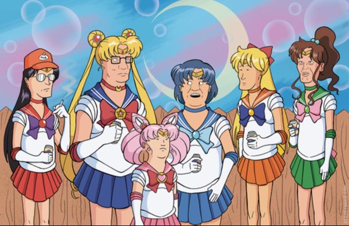 A piece of crossover art by Steve Yurko. The art crosses over King of the Hill and Sailor Moon.