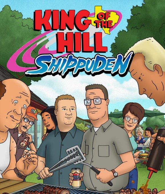 An edit of the King of the Hill season 14 poster. The poster reads, "King of the Hill Shippuden," a reference to the time jump and the series Naruto Shippuden.