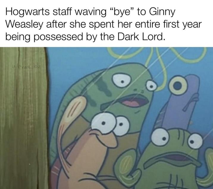 Hogwarts staff waving "bye" to Ginny Weasley after she spent her entire first year being possessed by the Dark Lord. Wevan_lolz