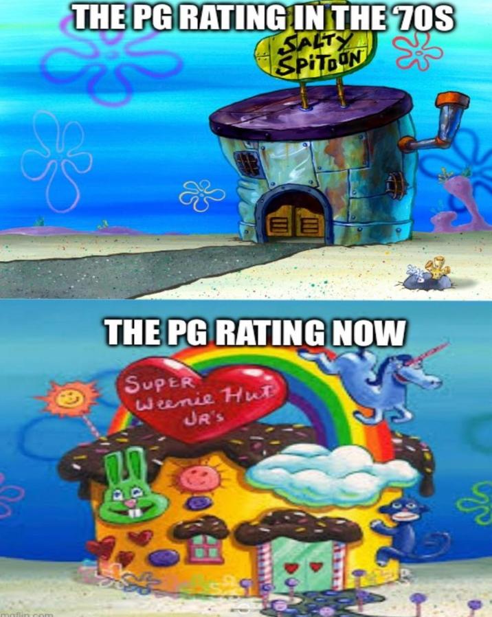maflin.com THE PG RATING IN THE 70S SALT SPITDON సి THE PG RATING NOW SUPER Weenie Hut JR's
