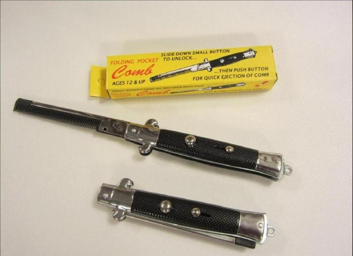 SLIDE DOWN SMALL BUTTON FOLDING POCKET TO UNLOCK... Comb AGES 12 & UP ...THEN PUSH BUTTON FOR QUICK EJECTION OF COMB ADULT NOVELTY COME DO NOT OPEN NEAR FACE FOLDING e