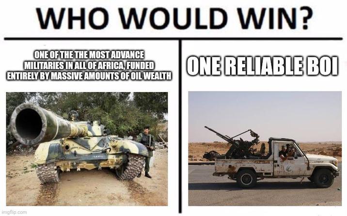 WHO WOULD WIN? ONE OF THE THE MOST ADVANCE MILITARIES IN ALL OF AFRICA, FUNDED ENTIRELY BY MASSIVE AMOUNTS OF OIL WEALTH imgflip.com ONE RELIABLE BOI