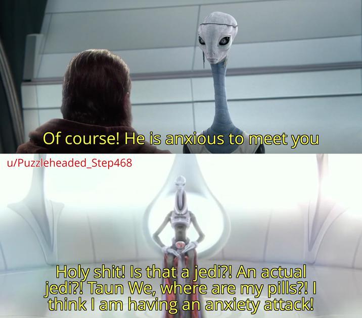 Of course! He is anxious to meet you u/Puzzleheaded_Step468 H--------! Is that a jedi?! An actual jedi?! Taun We, where are my pills?! | think I am having an anxiety attack!