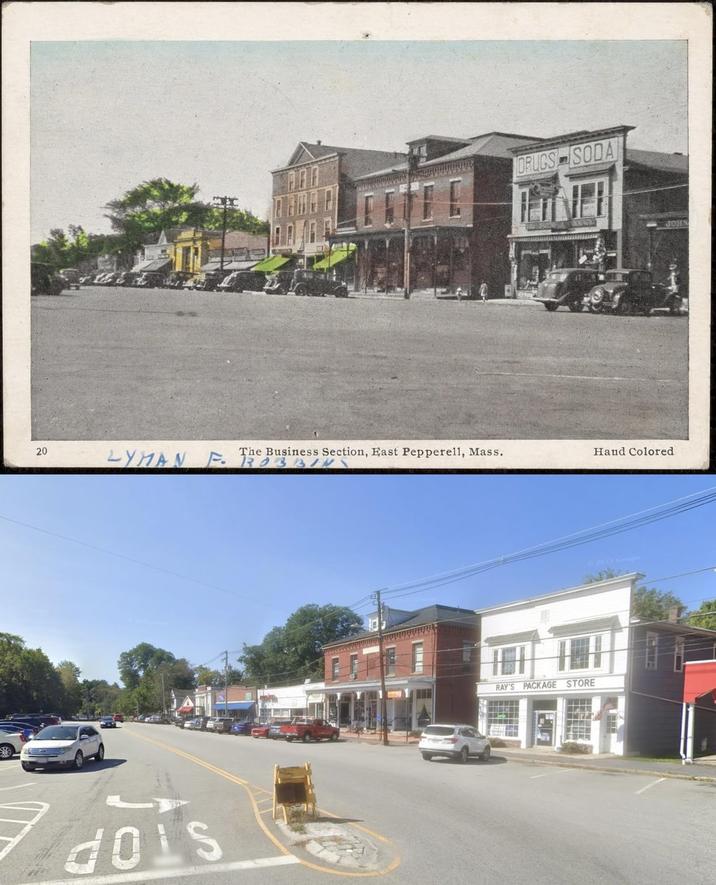 20 20 DRUGS SODA JOHN LYMAN F. 1303 The Business Section, East Pepperell, Mass. Hand Colored dois RAY'S PACKAGE STORE