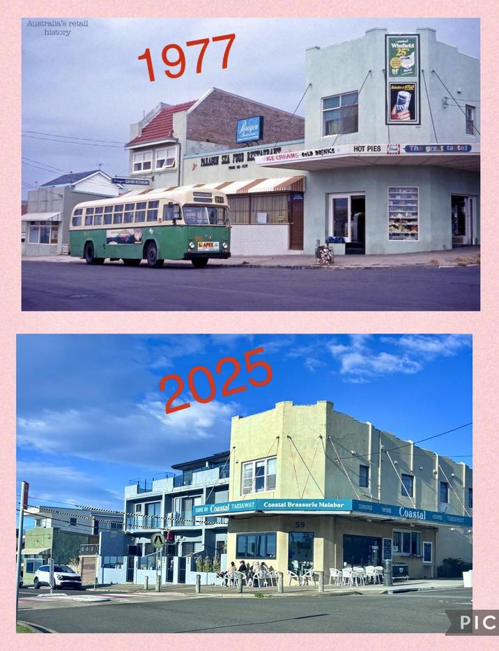 Australia's retail history 1977 Winfield 4 BT STUP PARAGON SEA FOOD RESTART ICE CREAMS COLD BRINKS HOT PIES The great tastel LAPEX DINE IN Coastal TAKEAWAY Coastal Brasserie Malabar DINING WINE Coastal COFFEE TAKEAWAY 59 PIC