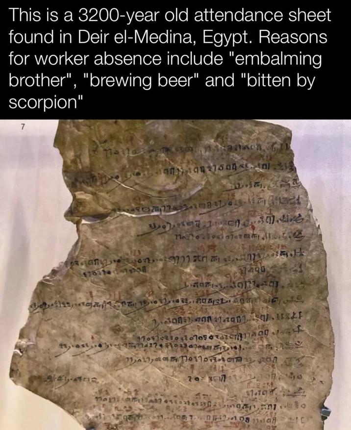 This is a 3200-year old attendance sheet found in Deir el-Medina, Egypt. Reasons for worker absence include "embalming brother", "brewing beer" and "bitten by scorpion" 7 533 on tr 1701207 H 3490 1.30 3001790 1.2901.11321 11011021031010501 12710230701SY 20-307-1740 $1.70 Mon aman garh... TIC