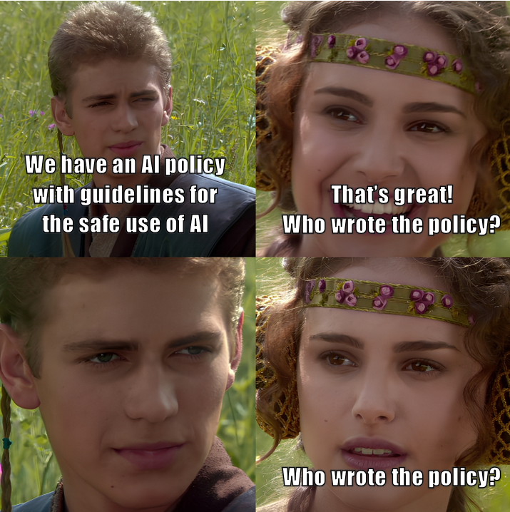We have an Al policy with guidelines for the safe use of Al That's great! Who wrote the policy? Who wrote the policy?