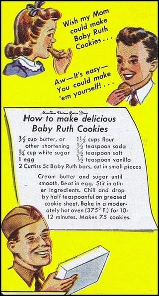 Wish my Mom could make Baby Ruth Cookies... Aw-It's easy- You could make 'em yourself!... Merella How to make delicious Baby Ruth Cookies ½ cup butter, or other shortening 34 cup white sugar 1 egg 2 Curtiss 5c Baby Ruth 1½ cups flour 2 teaspoon soda teaspoon salt 2 teaspoon vanilla bars, cut in small pieces Cream butter and sugar until smooth. Beat in egg. Stir in oth- er ingredients. Chill and drop by half teaspoonful on greased cookie sheet. Bake in a moder- ately hot oven (375° F.) for 10- 12 minutes. Makes 75 cookies.